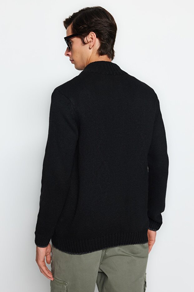 Siyah Slim Fit Yünlü Örgü Detaylı Fermuarlı Cepli Triko Hırka TMNAW21HI0349 - 4