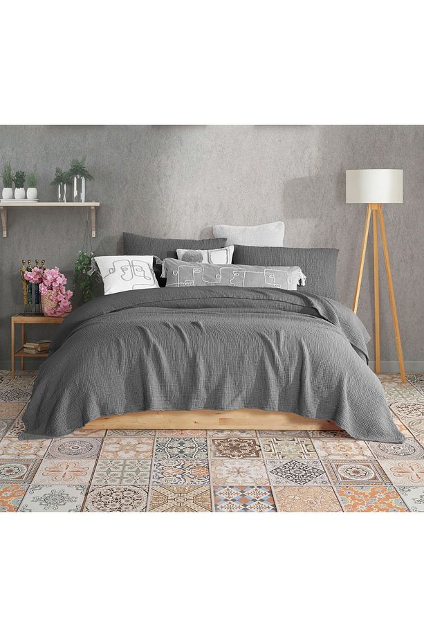 Koyu Gri Çift Kişilik 230x240cm Yatak Örtüsü/2 Adet 50x70cm Yastık 4 Katlı Multi Muslin %100 Pamuk - 1