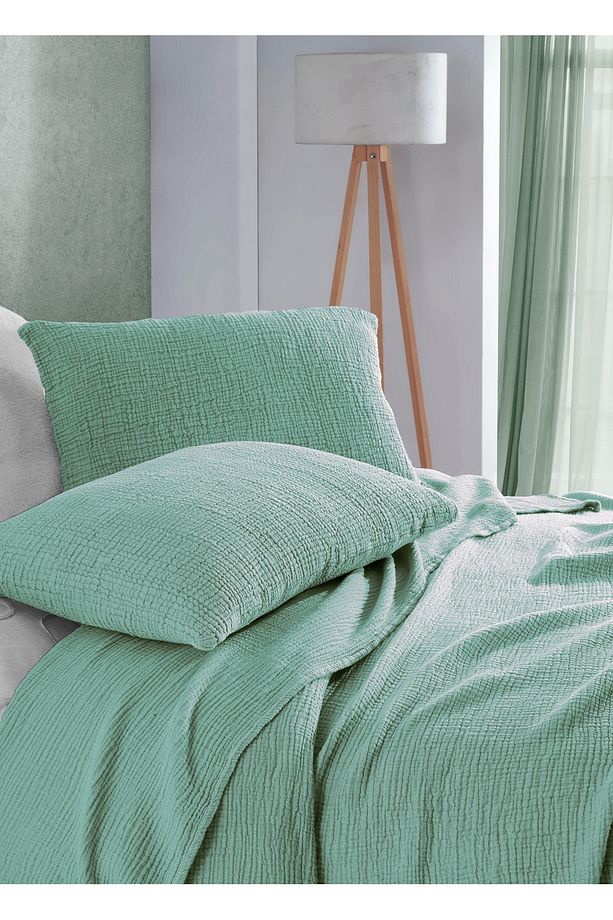 Mint Yeşil Çift Kişilik 240x250cm Yatak Örtüsü/2 Adet 50x70cm Yastık 4 Katlı Multi Muslin %100 Pamuk - 2