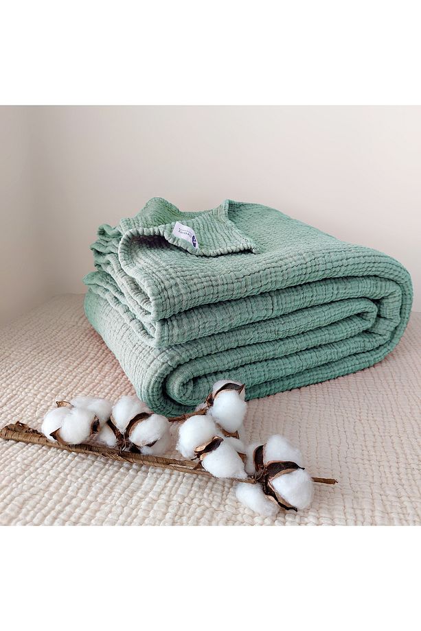 Mint Yeşil Çift Kişilik 240x250cm Yatak Örtüsü/2 Adet 50x70cm Yastık 4 Katlı Multi Muslin %100 Pamuk - 4