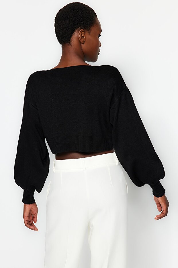 Siyah Süper Crop Basic Fiyonklu Triko Hırka TWOAW24HI00315 - 10