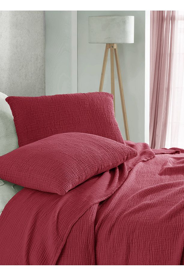 Bordo Tek Kişilik 160 X 240cm Yatak Örtüsü/1 Adet 50x70cm Yastık 4 Katlı Multi Muslin %100 Pamuk - 3