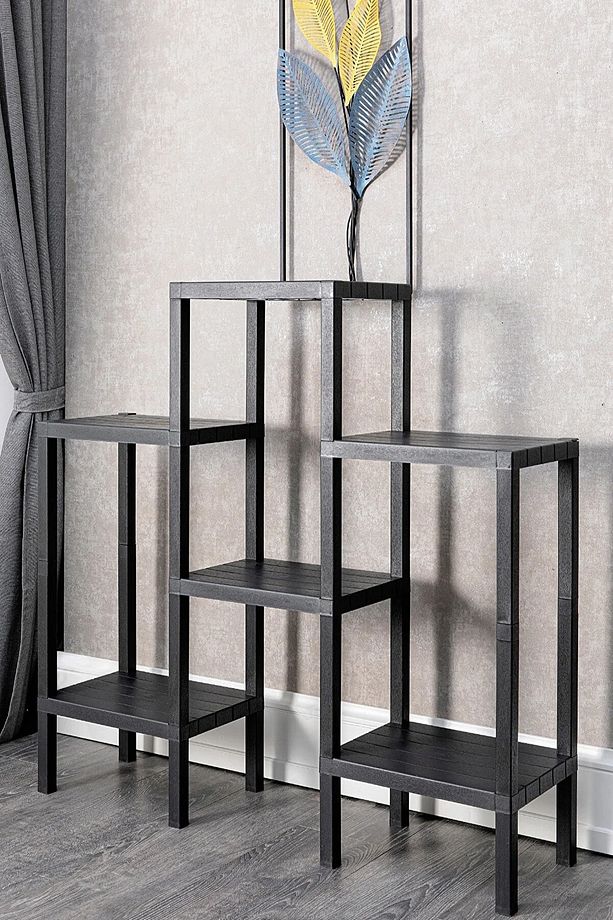Shelf Piramit 6 Lı Raf Ünitesi Siyah Çiçeklik Banyo Mutfak Rafı Ayakkabılık Kitaplık Organizer - 3