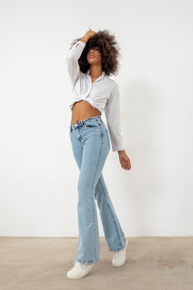 Serenay Ice Snow Spanish Blue Jeans High Waist Blue Snow Wash Flare Jeans Denim Pants