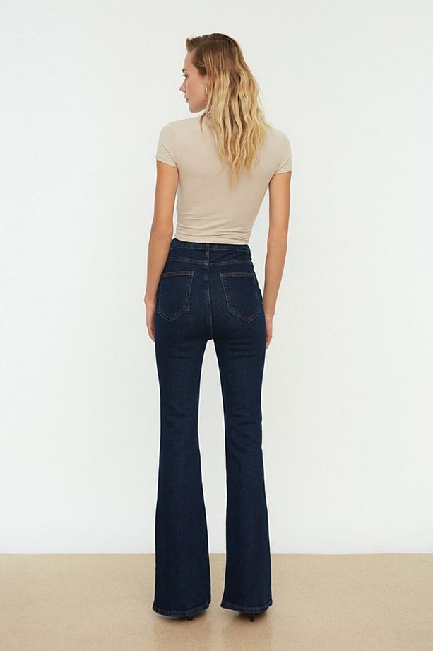 Koyu Mavi Ispanyol Paça Jeans Yüksek Bel Power Likra Kot Pantolon - 5