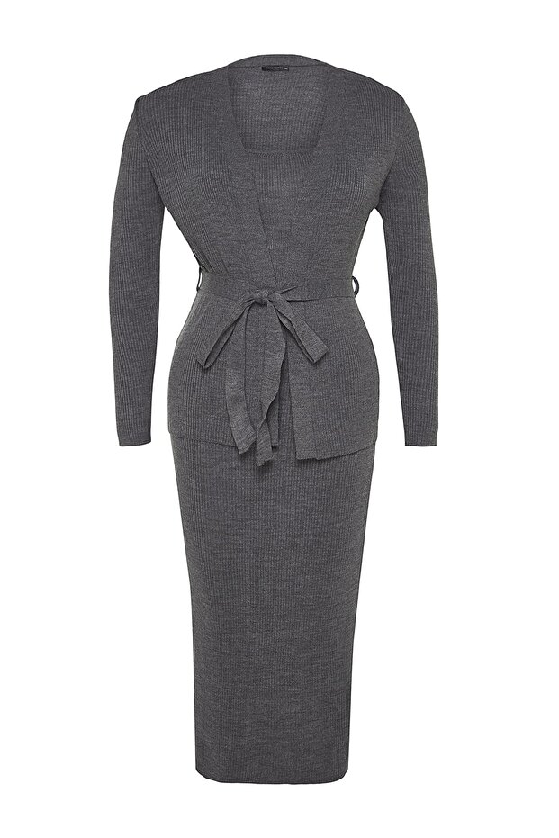 Antracitové midi páskové 2dílné úpletové šaty Cardigan-Dress TBBAW24AH00016 - 6