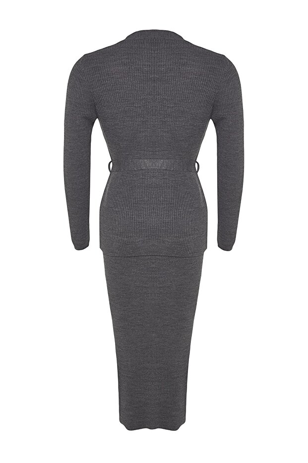 Antracitové midi páskové 2dílné úpletové šaty Cardigan-Dress TBBAW24AH00016 - 8