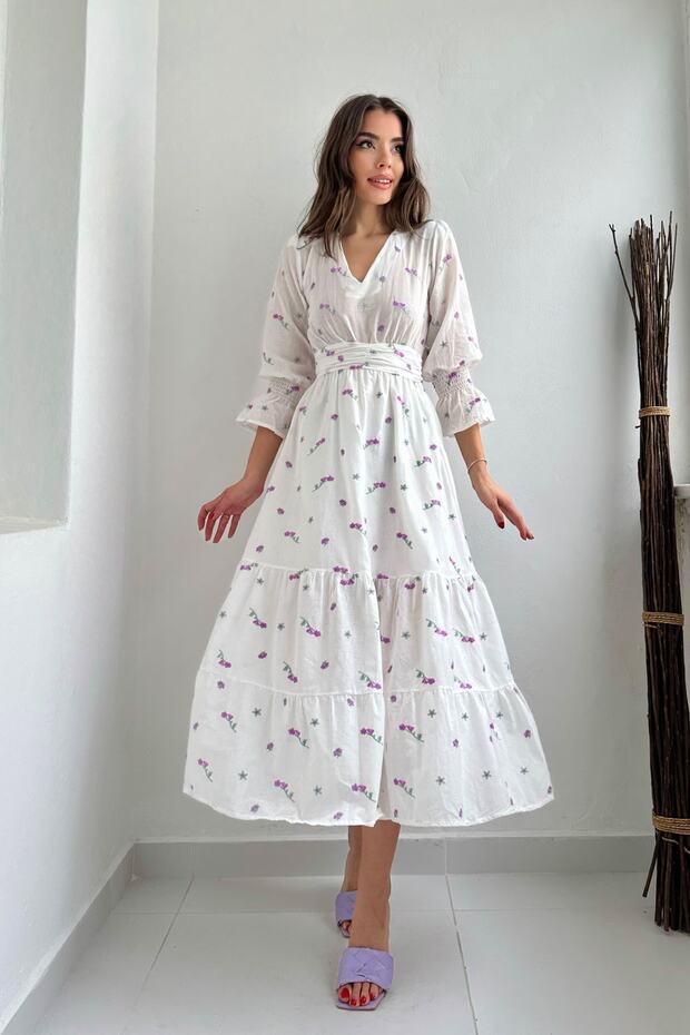 Mor Çiçek Nakışlı Gipeli Elbise - 3