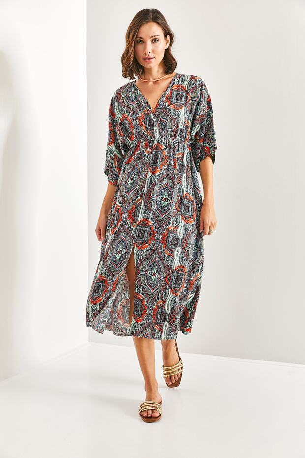 Women's Multicolor Double Breasted Collar Front Slit Dress 40861028