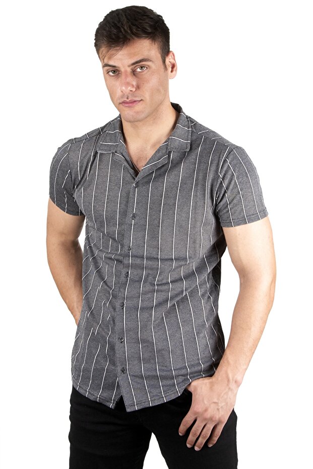 Men's Smoked Line Patterned Lycra Short Sleeve Combed Cotton Shirt2023426
