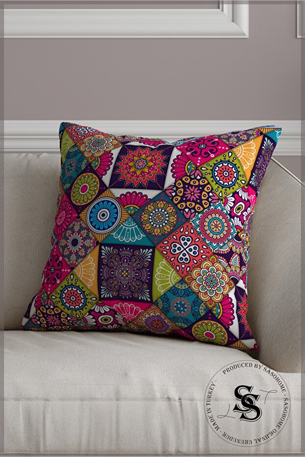 Patchwork Mandala Patterned Digital Printed Throw Pillow Cover - 2