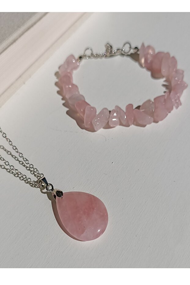 Certified Pink Quartz Drop Pendant Bracelet Natural Stone Set