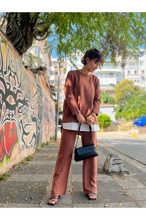 Bisiklet Yaka Renk Garnili Tunik Ve Pantolon Ikili Takım - Kahve - 5