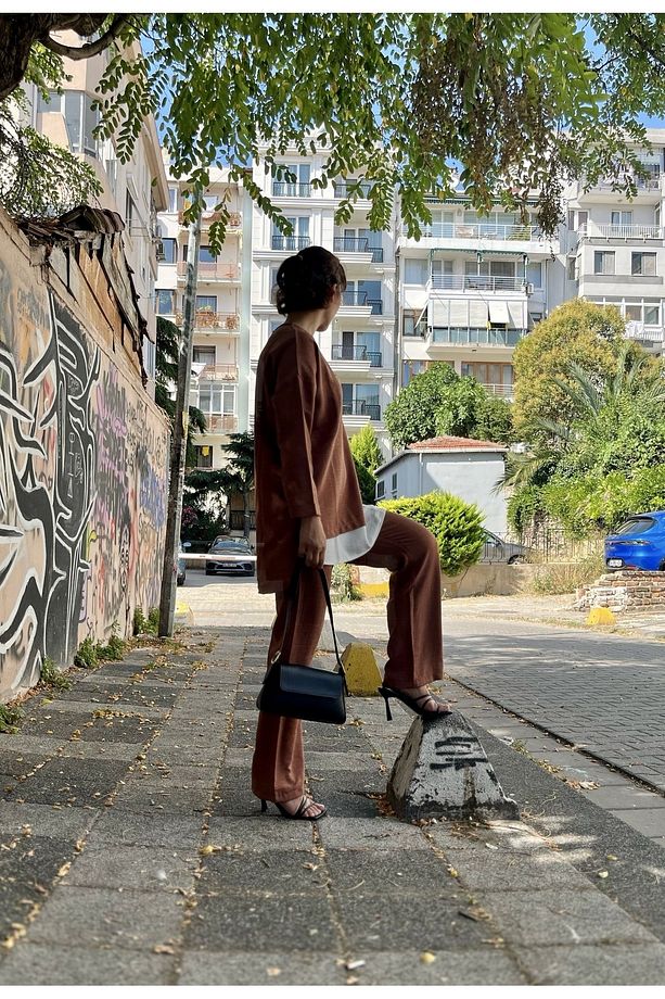 Bisiklet Yaka Renk Garnili Tunik Ve Pantolon Ikili Takım - Kahve - 7