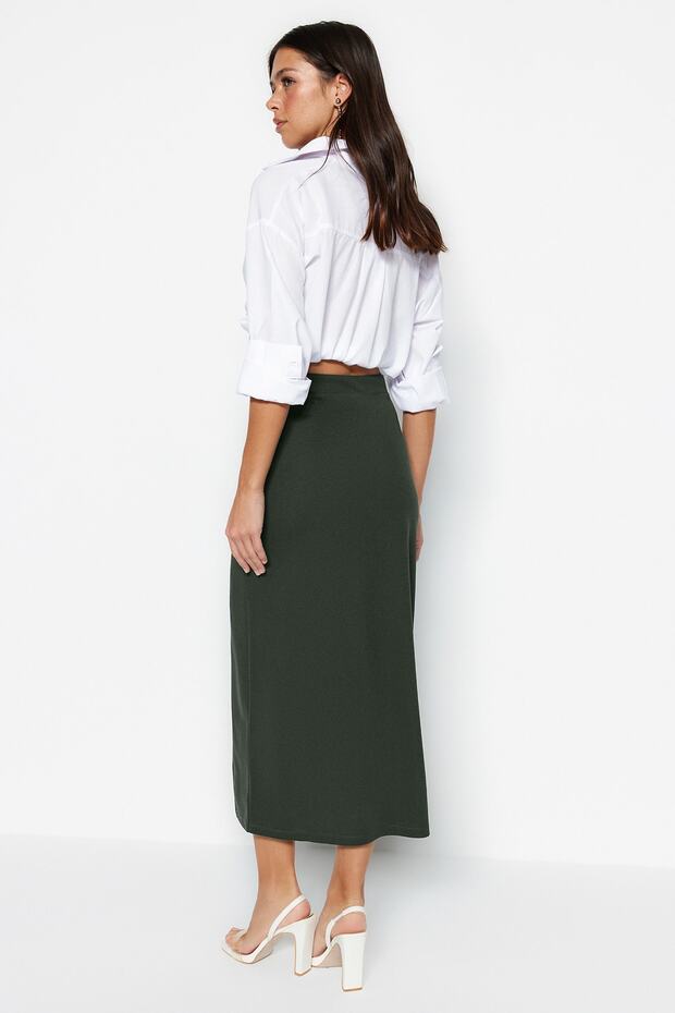 Spódnica z dzianiny w kolorze khaki, elegancka, z rozcięciami, szczegółowa, z wysokim stanem TWOSS23ET00351 - 6