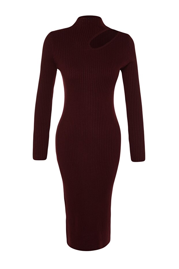 Mürdüm Midi Cut Out/Pencere Detaylı Triko Elbise TWOAW24EL00028 - 7