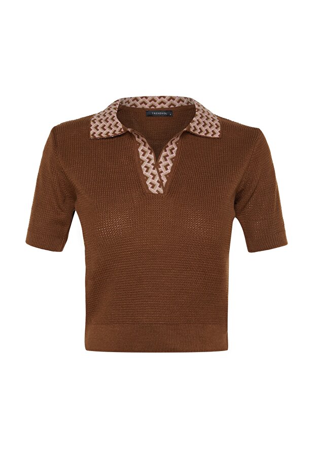 Wzorzysta dzianinowa bluzka z kołnierzykiem taupe - TWOAW24BZ00011 - 7