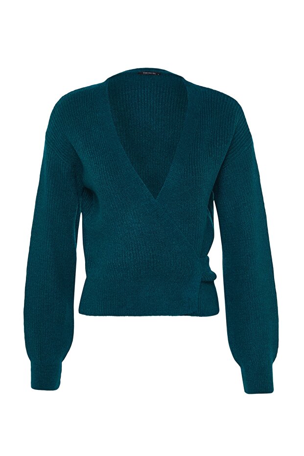 Petrolfarbene Strickjacke mit weicher Struktur und zweireihigem Kragen TWOAW24HI00282 - 6