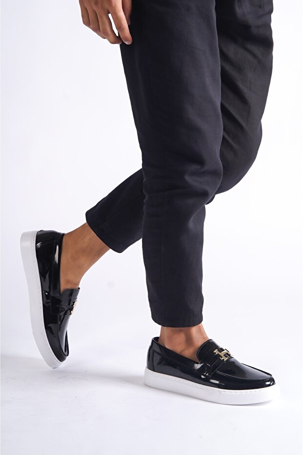 Black Patent Leather White Sole Men's Buckle Casual Shoes BG1137-110-0001