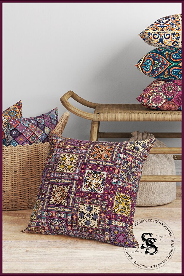 Patchwork Mandala Patterned Digital Printed Throw Pillow Cover - 3