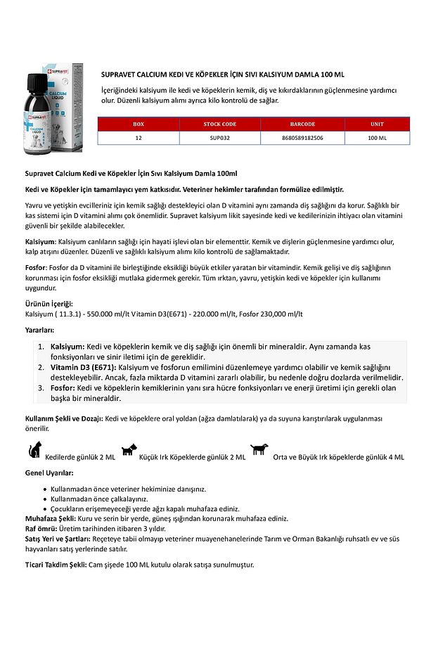 Calcium Kedi Ve Köpek İçin Sıvı Kalsiyum Damla 100ml - 2