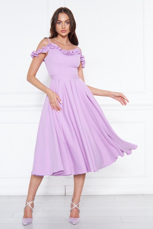 Lilac Hanging Neck Ruffle Detail Off-Shoulder Woven Draped Fabric Midi Length Graduation And Evening Dress