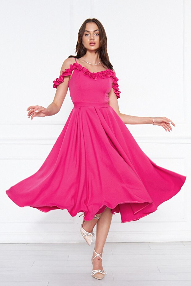 Fuchsia Hanging Neck Ruffle Detail Off-Shoulder Woven Draped Fabric Midi Length Graduation and Evening Dress