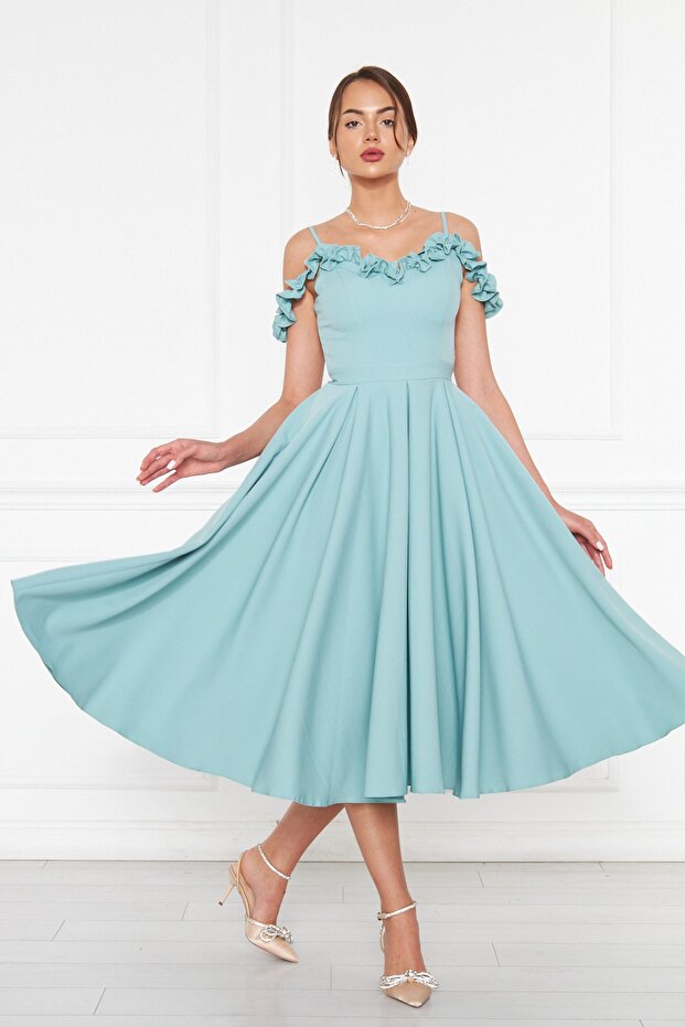 Mint Green Hanging Neck Ruffle Detail Off-Shoulder Draped Fabric Midi Length Graduation and Evening Dress