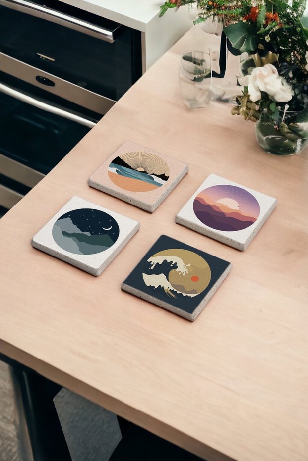 Day and Night Themed Natural Stone Travertine Coasters Set of 4
