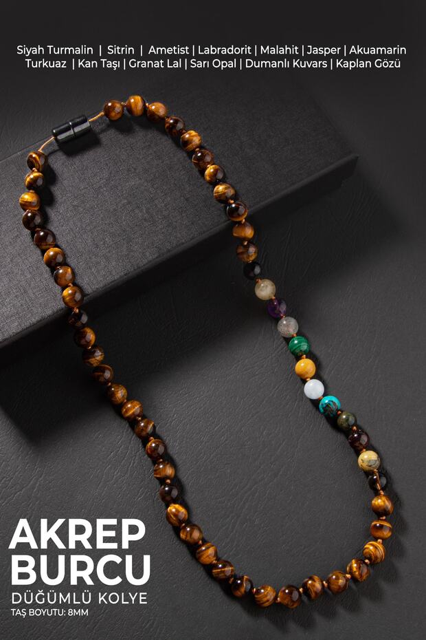 Scorpio Knotted Necklace with Certified Natural Stones (Turquoise, Malahit, Burgundy Granate Garnet, Tiger Eye)