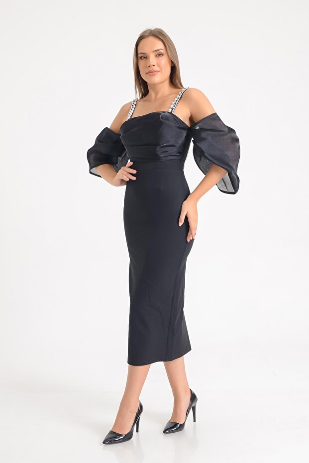 Siyah Balon Kol Kısa Abiye Elbise - 3