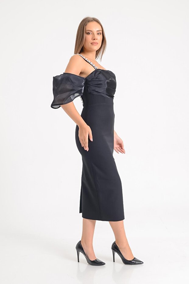 Siyah Balon Kol Kısa Abiye Elbise - 4