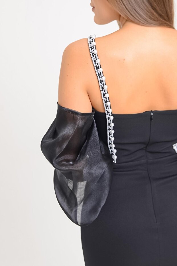 Siyah Balon Kol Kısa Abiye Elbise - 5