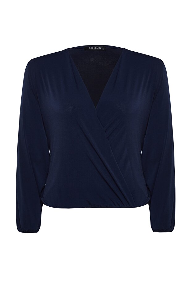 Lacivert Balon Kol Kruvaze Yaka Örme Crop Bluz TBBAW23AF00029 - 6