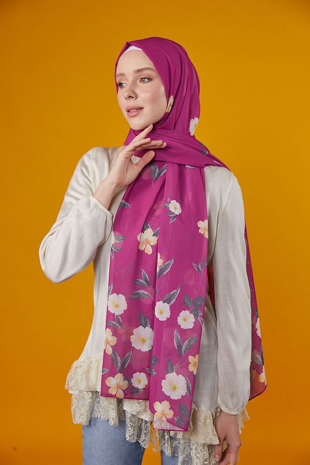 FLOWERS DESENLİ ŞAL - FUŞYA - 1