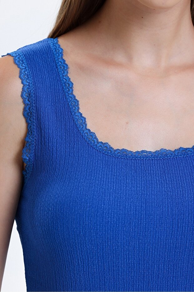 Kadın Saks Dantel Detaylı Basic Atlet - 4