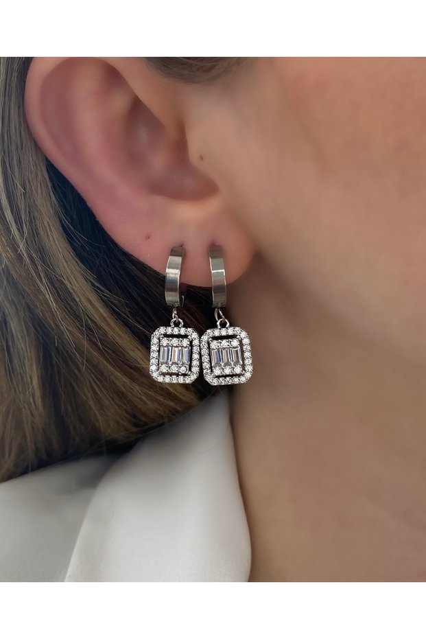 Pair of Mini Size Steel Tarnish Resistant Earrings with Baguette Zircon Stones