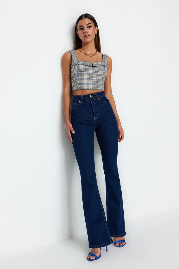 Vanessa High Waist Lycra Dark Blue Spanish Flare Jeans Trousers