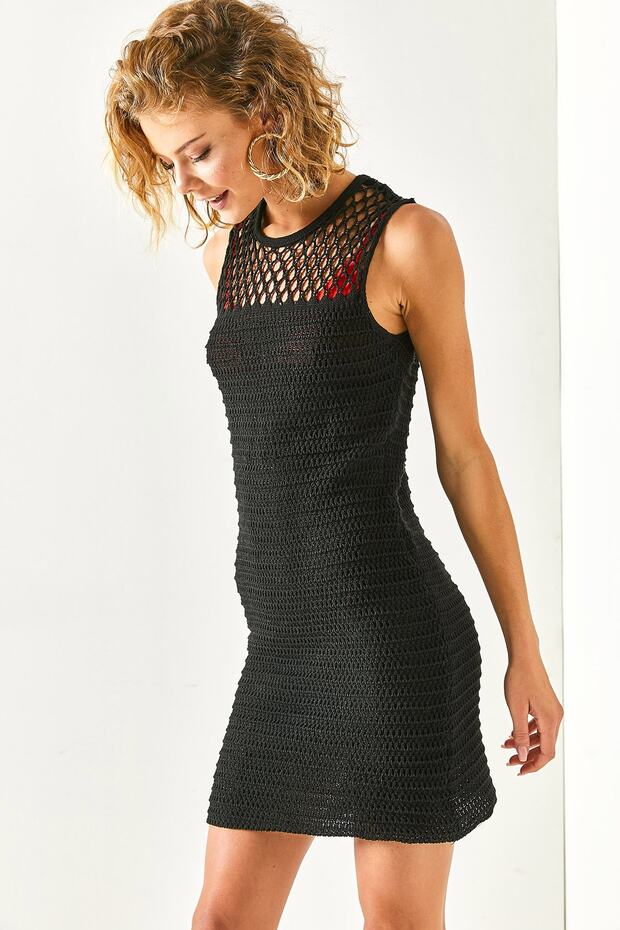 Women's Black Openwork Mini Beach Dress with Holes ELB-19001961