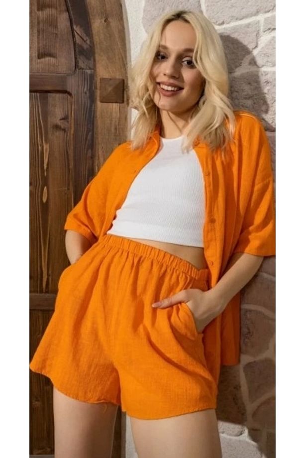 Kadın Alt Üst Gömlekli Şortlu Takım Oversize - 1