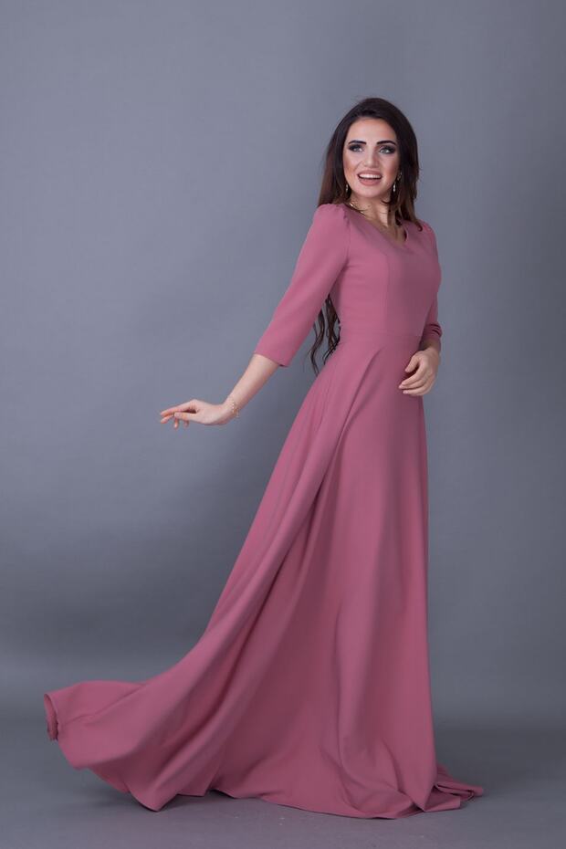 Dried Rose V-Neck 3/4 Sleeve Woven Draped Fabric Maxi Length Flared Evening Dress