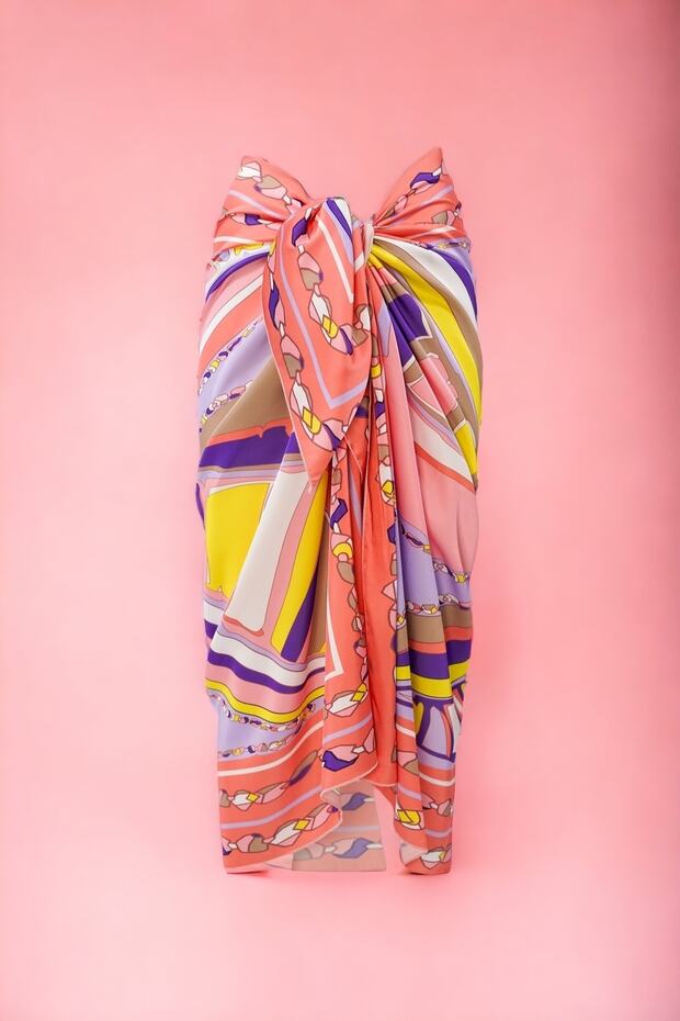 Custom Purple Yellow and Salmon Patterned Short Pareo Satin Women's Beach Dress New Season