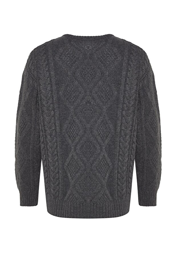 Gri Oversize Geniş Kalıp Bisiklet Yaka Saç Örgülü Triko Kazak TMNAW23KZ00280 - 6