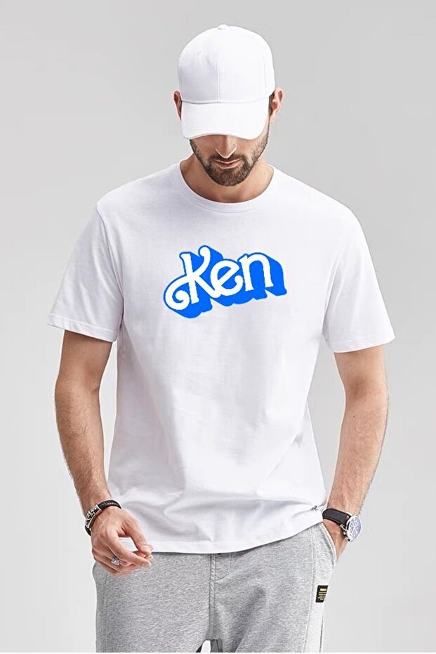 Men's White Oversize Crew Neck Ken Printed Cotton T-Shirt