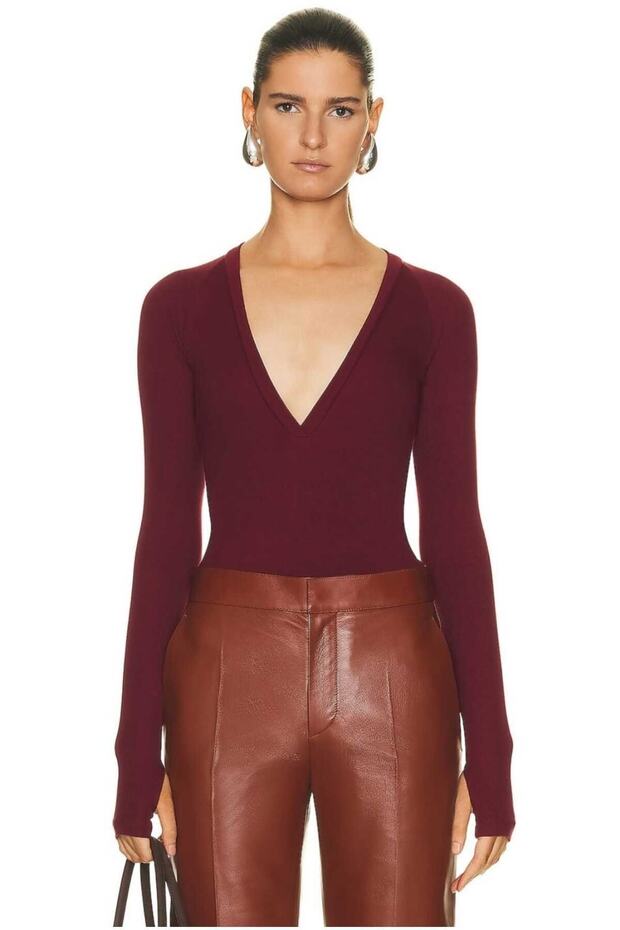 Women's Burgundy Finger Snap Placket V Neck Silk Jersey Bodysuit