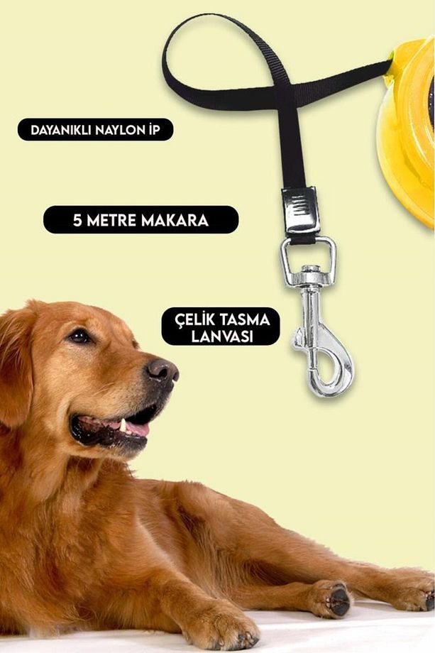 Makaralı Otomatik Köpek Tasması 5 Metre 1 Adet Sarı - 5