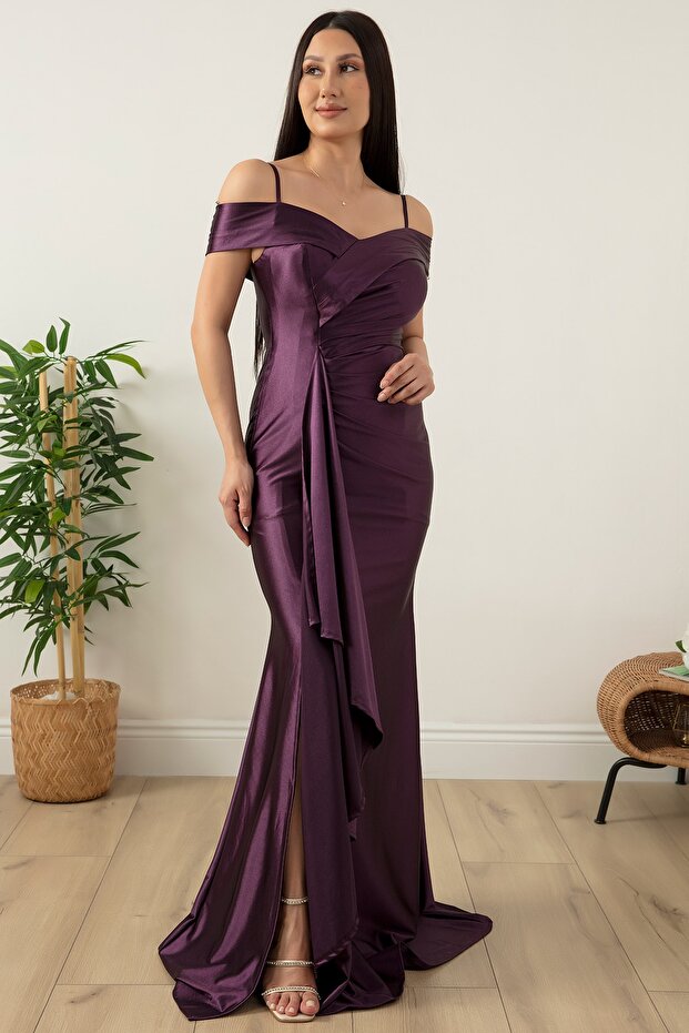 Askılı Pileli Saten Elbise 39423 - 4