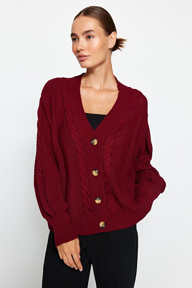 Bordo Geniş Kalıp Triko Hırka TWOAW22HI0176 - 3