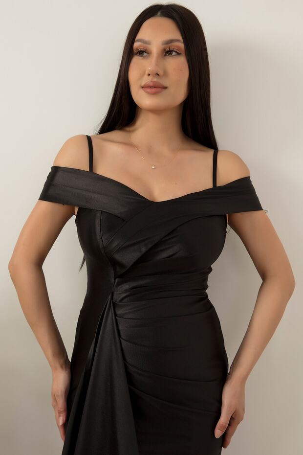 Askılı Pileli Saten Elbise 39423 - 3