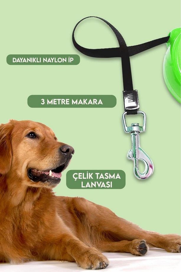Makaralı Otomatik Köpek Tasması 3 Metre Yeşil - 5